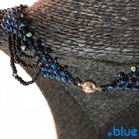 blue bleck seed bead necklace stainless steel clasp